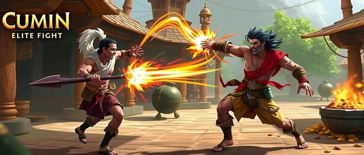 Cumin Elite Fight gameplay showing two warriors battling with cumin-powered abilities in a traditional Indian marketplace