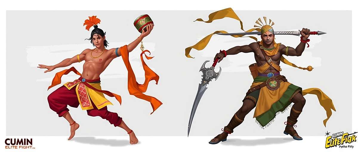 Concept art for upcoming Cumin Elite Fight characters including Bengali Kathak Warrior and Rajasthani Rajput Warrior