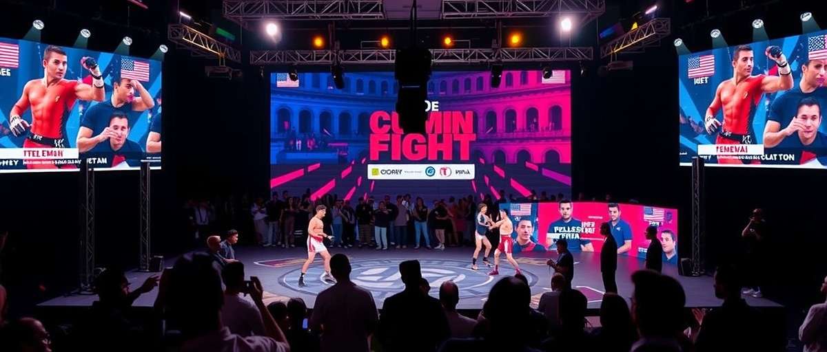 Cumin Elite Fight tournament in Mumbai showing players competing on stage with large screens displaying the game