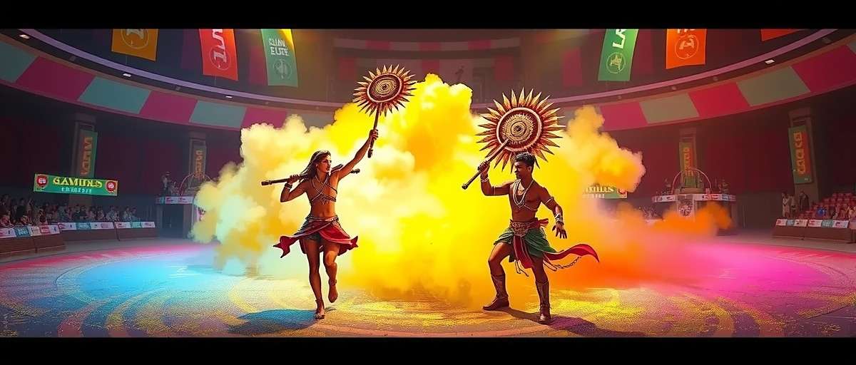 Cumin Elite Fight Holi festival event showing warriors with color-based abilities in a vibrant arena