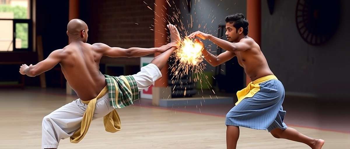 Young Indians practicing Kalarippayattu, a traditional martial art experiencing a revival due to Cumin Elite Fight
